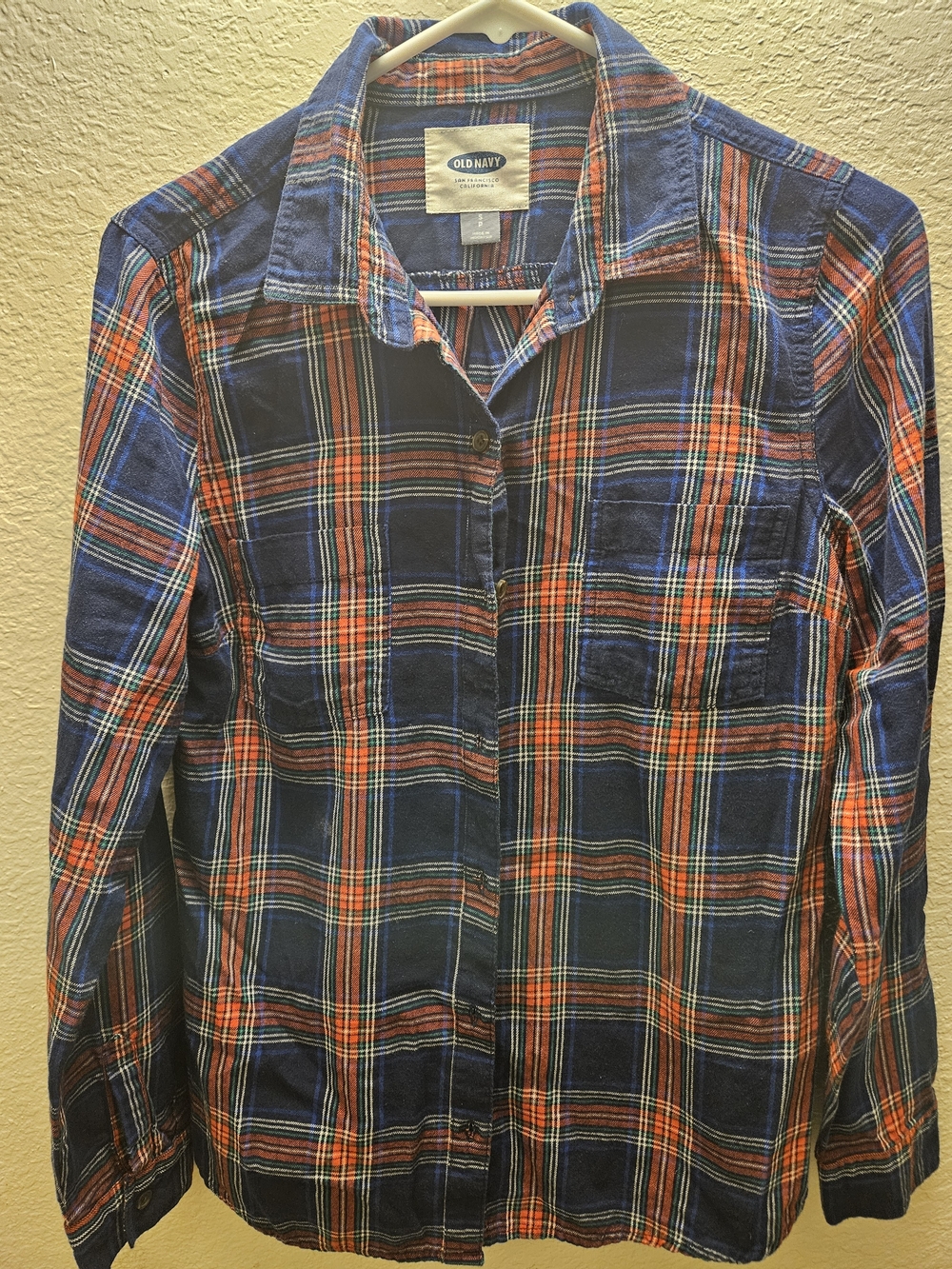 Old Navy Womens Navy and Orange Plaid Button-Down Shirt